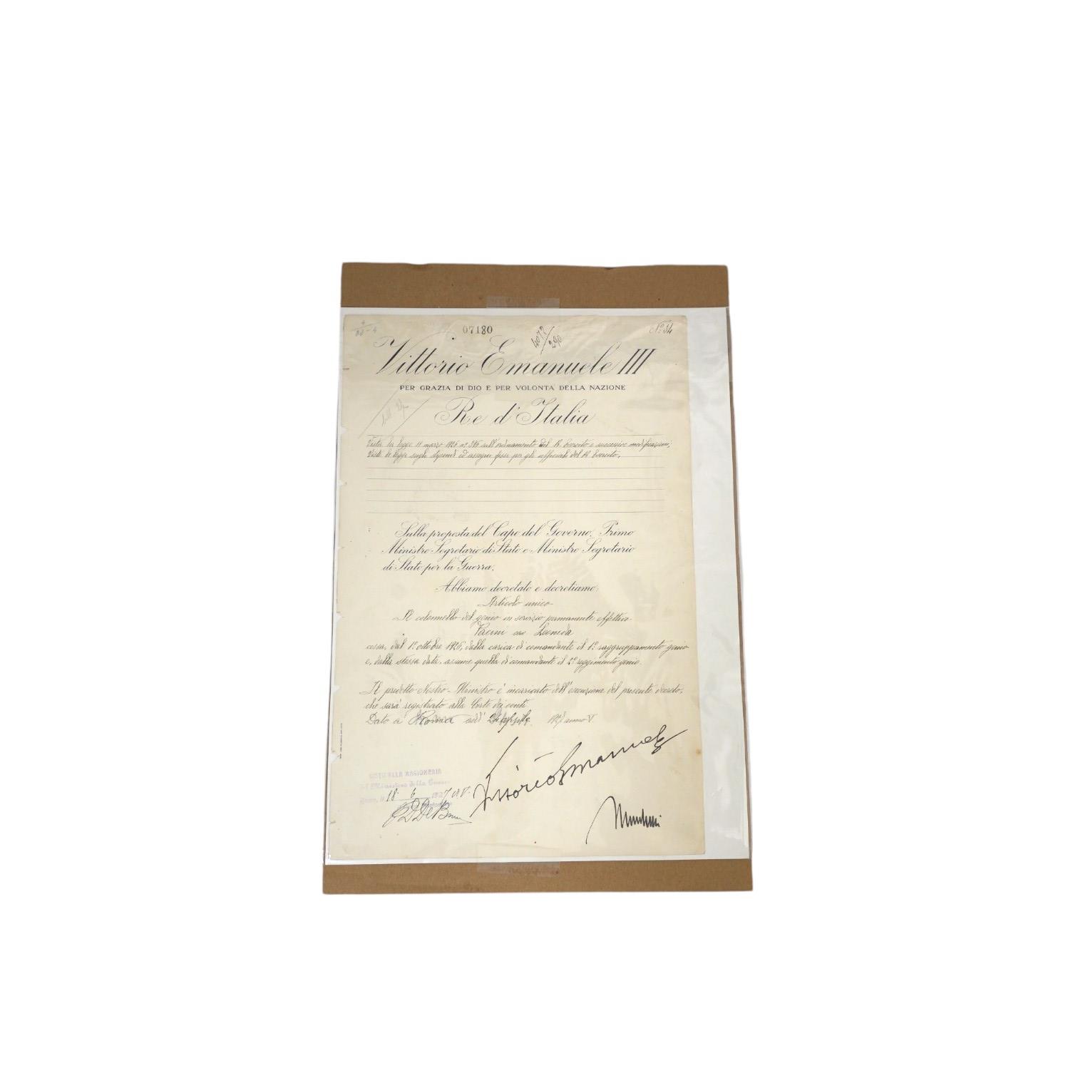 An Italian document Benito Mussolini and Vittorio Emanuele III signed document, signed in black ink at the bottom ‘Vittorio Emanuele’ and ‘Mussolini’, and dated 18.6.1927, 37 x 24.5cm. Condition - good